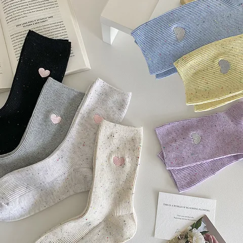 Women Cute Point Yarn Heart Embroidery Double Needle Mid-Calf Socks Japanese Style Casual Soft Cotton Socks Daily Wear