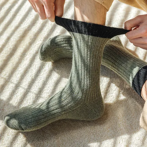 Herren Winter Wolle Socken Grobstrick Farbblock Thermische Wadenlange Socken Lässig Warm Fleece Gefütterte Gemütliche Socken Für Herren