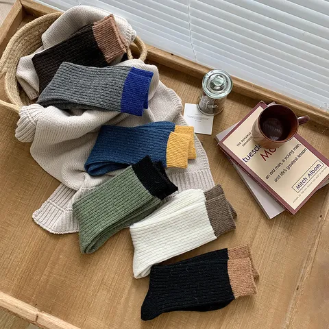 Herren Winter Wolle Socken Grobstrick Farbblock Thermische Wadenlange Socken Lässig Warm Fleece Gefütterte Gemütliche Socken Für Herren