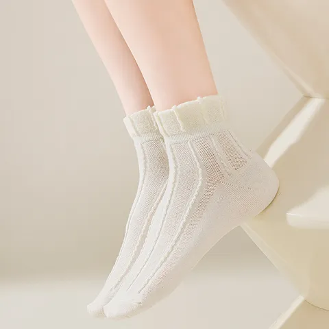 Women's Cute Ruffle Lace Edge Short Socks Japanese Sweet Style Breathable Cotton Blend Ankle Socks Daily Casual Footwear