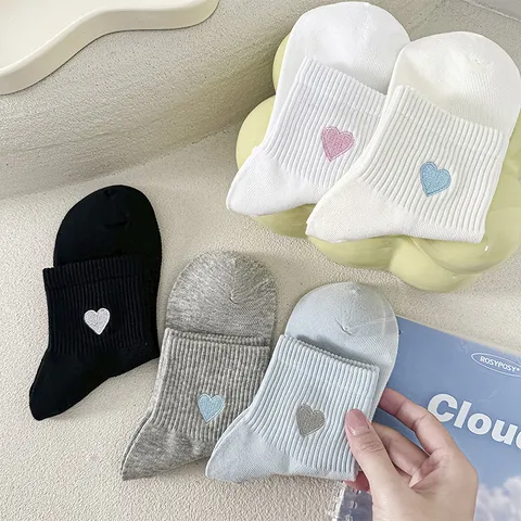 Womens Cute Heart Embroidery Pure Cotton Short Socks Breathable Mesh Sweet Casual Summer Crew Socks