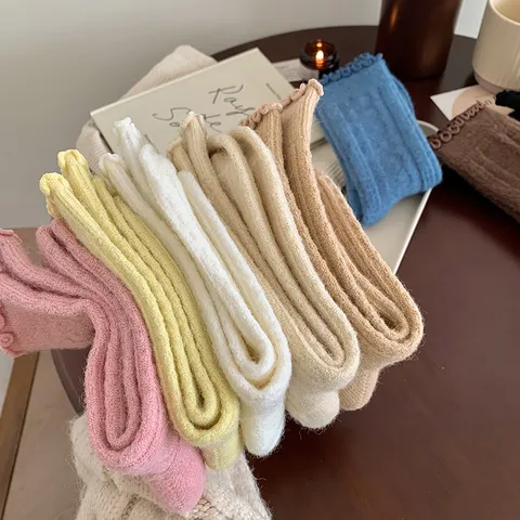 Japanischer Stil Einfarbig Wolle Socken Rüschenkante Dick Thermisch Wadenlang Lässig Warm Socken Für Damen Alltag