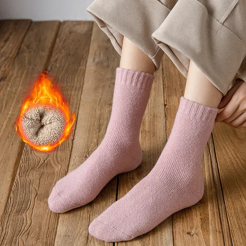 Damen Winter Dicke Wollmischung Socken Warm Schwer Frottee Gestrickt Wadenhoch Socken Einfarbig Lässig Thermo Strumpfwaren