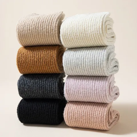 Damen Wollsocken Dick Warm Gerippt Slouchy Doppelgänger-Stricken Mittleres Rohr Einfarbig Wintersocken Für Den Alltag Hausbekleidung