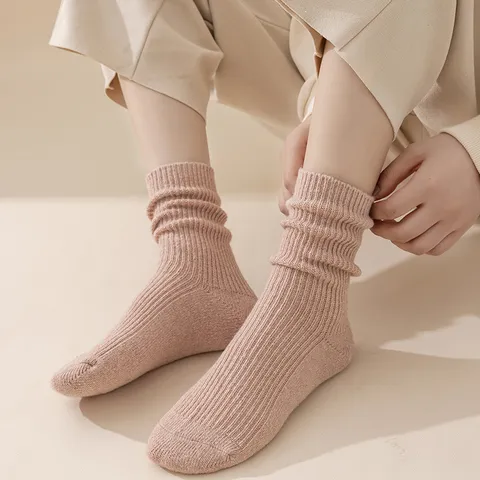 Damen Wollsocken Dick Warm Gerippt Slouchy Doppelgänger-Stricken Mittleres Rohr Einfarbig Wintersocken Für Den Alltag Hausbekleidung