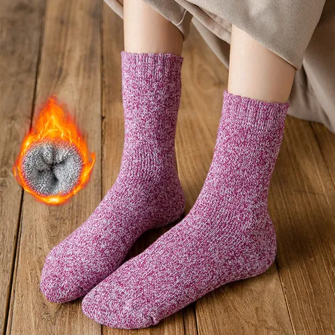 Women Wool Blend Thickened Terry Socks Winter Warm Ribbed Mid-Calf Marl Socks Solid Color Soft Breathable Thermal Hosiery