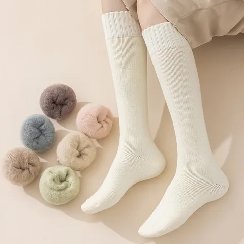 Damen Wadenstrümpfe Mit Fleece Futter Baumwolle Dick Warm Hohe Socken Für Winter Herbst Einfarbig Gerippte Bündchen Lange Socken