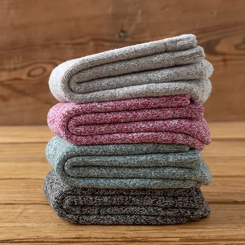 Women Wool Blend Thickened Terry Socks Winter Warm Ribbed Mid-Calf Marl Socks Solid Color Soft Breathable Thermal Hosiery