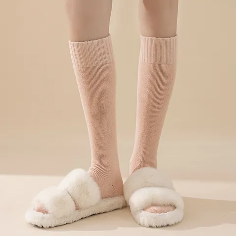 Damen Wadenstrümpfe Mit Fleece Futter Baumwolle Dick Warm Hohe Socken Für Winter Herbst Einfarbig Gerippte Bündchen Lange Socken