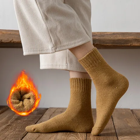 Women's Casual Thick Wool Blend Thermal Mid-Calf Socks Solid Color Winter Warm Terry Cotton Socks For Cold Weather Outdoor