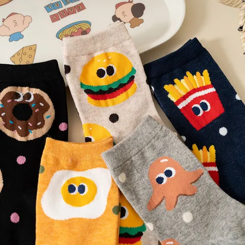 Women's Mid-Calf Cotton Socks With Cartoon Food Pattern Octopus Burger Fries Donut Printed Casual Creative Fashion Socks
