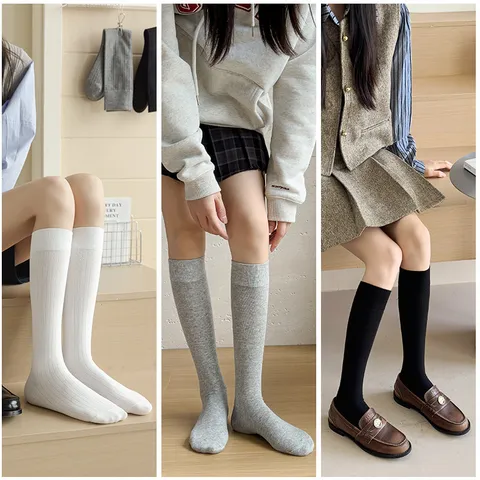 Damen Einfarbig Gerippt Baumwolle Kniestrümpfe Sportliche Wadenstrümpfe Für Herbst Japanischer Stil Weich Gestrickte Socken