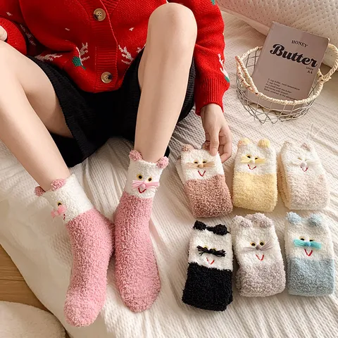 Damen Süße Cartoon Katze Flauschige Bodensocken Dick Warm Gemütlich Thermische Hausschuhe Socken Süße Korallenvlies Schlafsocken Winter