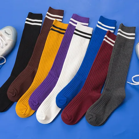 Women Japanese Style Solid Color Ribbed High Tube Socks With Double Stripe Fashion Cotton Slouch Socks