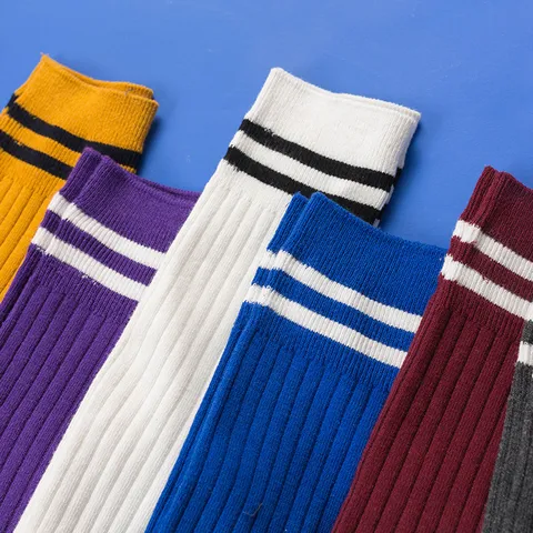 Women Japanese Style Solid Color Ribbed High Tube Socks With Double Stripe Fashion Cotton Slouch Socks