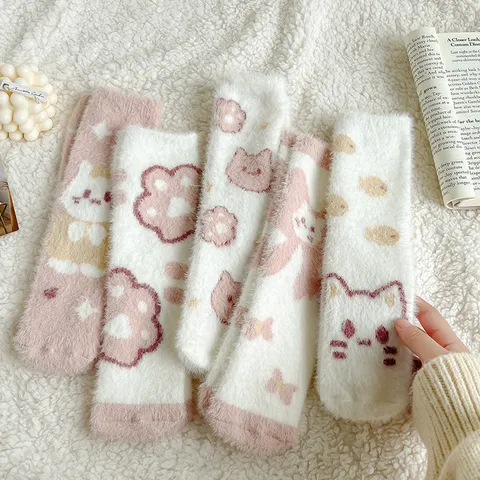 Calcetines de Dormir de Invierno para Mujer Gruesos Cálidos Forro Polar Coral Visón Lindo Gato de Dibujos Animados Suaves Calcetines Térmicos de Suelo