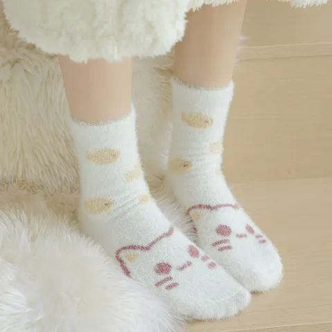 Calcetines de Dormir de Invierno para Mujer Gruesos Cálidos Forro Polar Coral Visón Lindo Gato de Dibujos Animados Suaves Calcetines Térmicos de Suelo