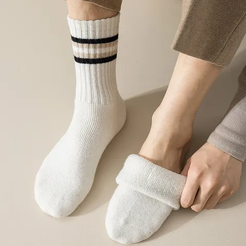Herren Verdickte Wolle Thermische Wintersocken Crew Gestreifte Warme Fleece Frottee Baumwollsocken