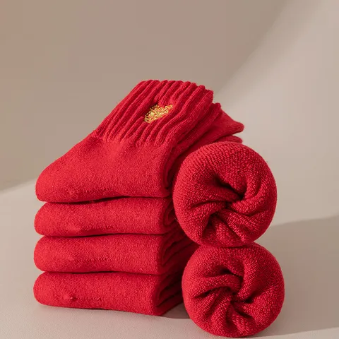 Red Wool Thermal Mid Calf Socks Winter Warm Thickened Festive Lucky Embroidery Casual Daily Socks For Men Women