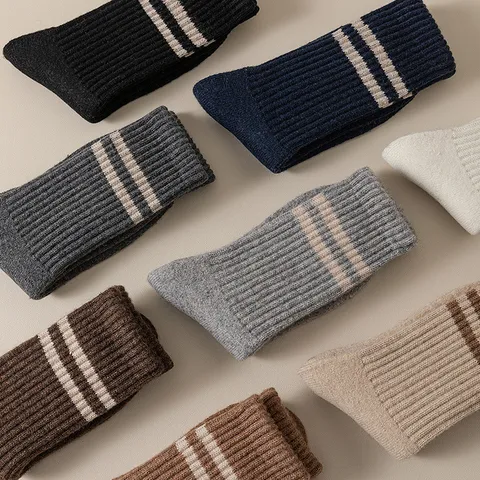 Men's Thickened Wool Winter Thermal Crew Socks Classic Double Stripe Soft Warm Casual Daily Footwear