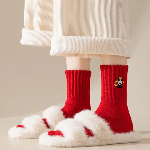 Red Wool Thermal Mid Calf Socks Winter Warm Thickened Festive Lucky Embroidery Casual Daily Socks For Men Women