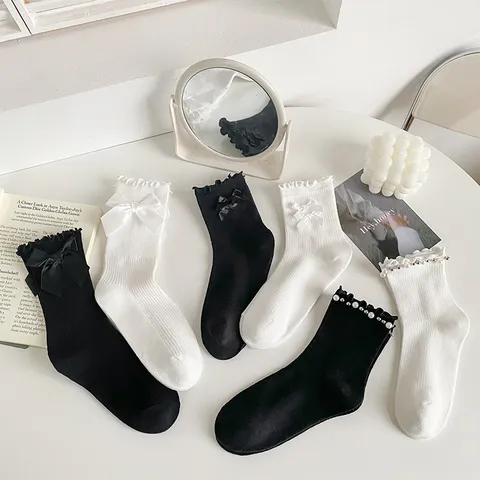 Women's Sweet Lolita Crew Socks Japanese Style Ruffle Pearl Bowknot Cute Cotton Mid Tube Socks