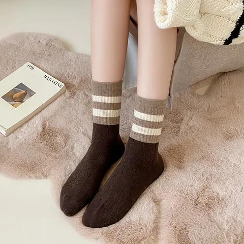 Calcetines Medios de Mezcla de Lana Gruesos Cálidos de Invierno para Mujer Calcetines Rayados Térmicos