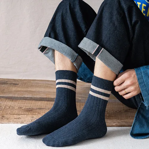 Herren Baumwolle Socken Retro Doppelstreifen Gerippt Sportlich Lässig Atmungsaktiv Schweißabsorbierend Weiche Socken