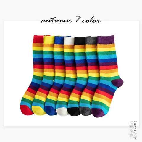 Damen Casual Baumwolle Regenbogen Gestreifte Socken Elastische Kontrastfarbe Patchwork Wadenlange Sportsocken Für Streetwear Alltag