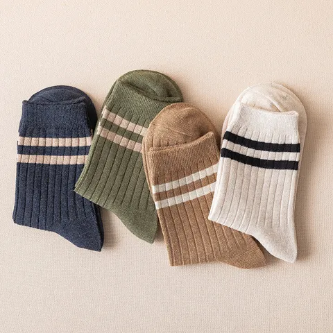 Herren Baumwolle Socken Retro Doppelstreifen Gerippt Sportlich Lässig Atmungsaktiv Schweißabsorbierend Weiche Socken