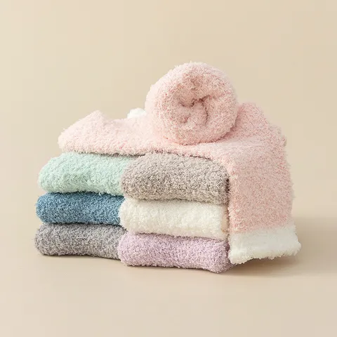 Calcetines de Mujer Dulce Bloque de Color Forro Polar Coral Engrosado Cálido Hogar Suelo Calcetines de Dormir