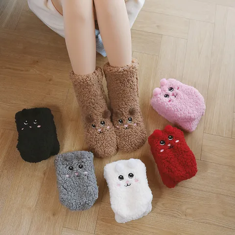 Süße Cartoon Tier Gestickt Fleece Bodensocken Verdickt Rutschfest Warm Winter Schlaf Socken Für Damen Zuhause Innenbereich