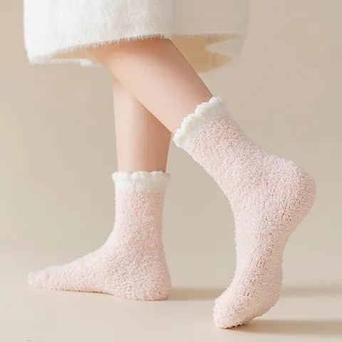 Calcetines de Mujer Dulce Bloque de Color Forro Polar Coral Engrosado Cálido Hogar Suelo Calcetines de Dormir