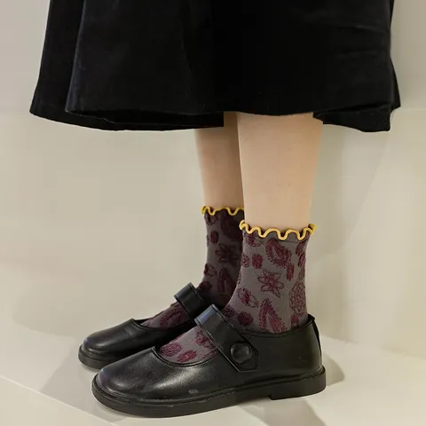 Japanische Retro Ethno Blumen Baumwolle Crew Socken Mit Rüschenkante Für Damen Casual Wadenhoch Mode Weiche Atmungsaktive Socken