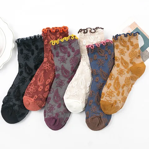 Japanische Retro Ethno Blumen Baumwolle Crew Socken Mit Rüschenkante Für Damen Casual Wadenhoch Mode Weiche Atmungsaktive Socken