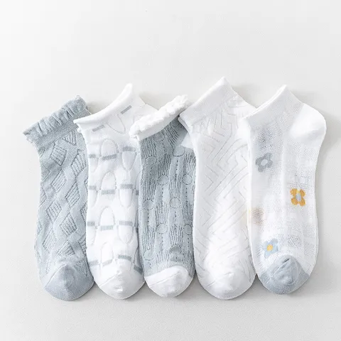 Chaussettes Courtes en Maille pour Femmes Bordure Dentelle Japonaise Motif Floral Mélange Coton Été Décontracté Respirant