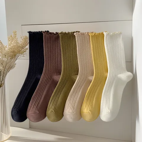 Women Cotton Crew Socks Lettuce Trim Ribbed Solid Color Slouchy Socks Japanese Style Sweet Casual Mid-Calf Socks For Fall Winter