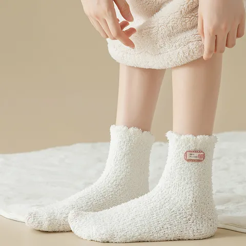Women Winter Thickened Warm Coral Fleece Floor Socks Cute Cloth Label Fluffy Sleep Socks