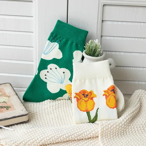 Chaussettes Mi-hautes en Coton pour Femmes Mignon Imprimé Floral de Tulipe Doux Chaussettes Décontractées Toutes Saisons