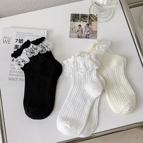 Women Lolita Sweet Cute Lace Ruffle Crew Socks Hollow Out JK Uniform Cotton Casual Socks Fashion Accessories One Size