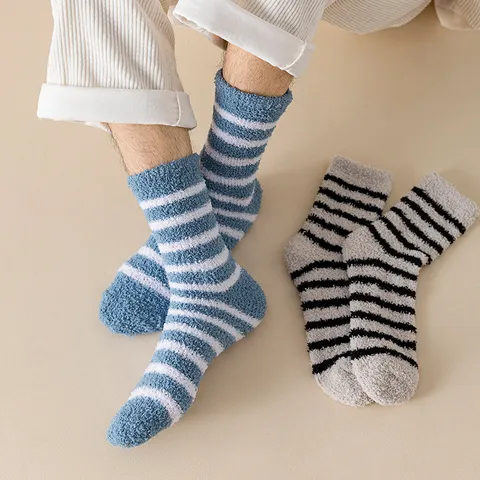 Herren Winter Dicke Gestreifte Korallenfleece Socken Warme Thermische Schlaf Bodensocken Gemütliche Innenbereich Kaltes Wetter Fußbekleidung