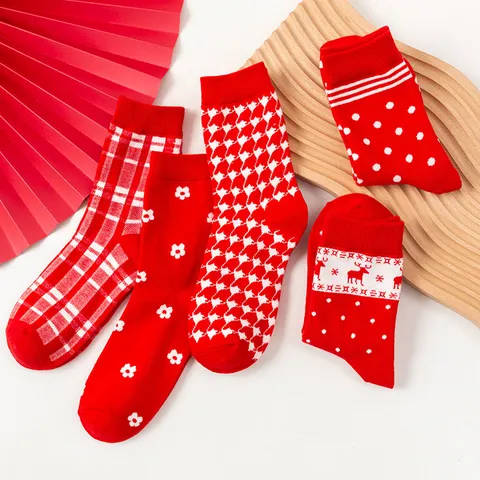 Unisex Cotton Mid-Calf Socks Houndstooth Deer Floral Polka Dot Plaid Festive Red Socks For Winter Wedding Daily