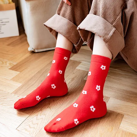 Unisex Cotton Mid-Calf Socks Houndstooth Deer Floral Polka Dot Plaid Festive Red Socks For Winter Wedding Daily