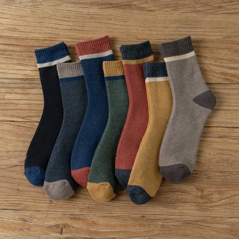 Men Winter Thickened Terry Cotton Mid Tube Socks Casual Warm Color Block Striped Athletic Outdoor Long Socks