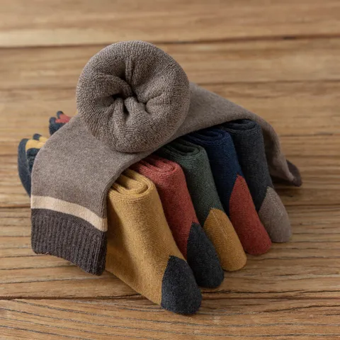 Men Winter Thickened Terry Cotton Mid Tube Socks Casual Warm Color Block Striped Athletic Outdoor Long Socks