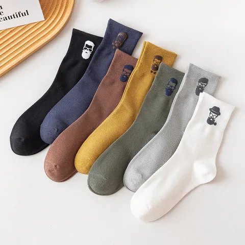Men Casual Cotton Crew Socks Autumn Winter Solid Color High Tube Socks Personal Avatar Pattern Breathable Anti Odor Fashion Mid Calf Socks