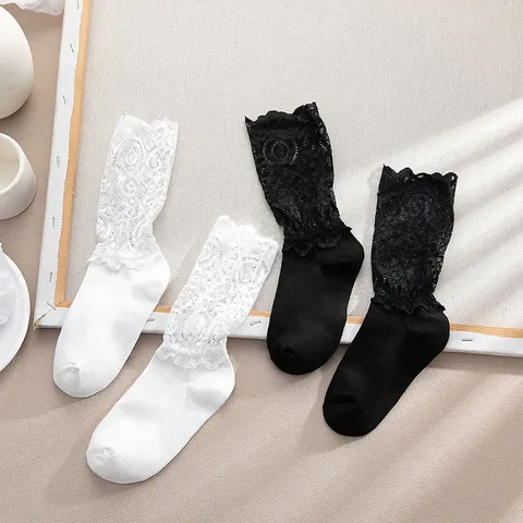 Sweet Lolita Cotton Socks Gentle Lace Ruffled Trim Mesh Hollow Out Mid Calf Crew Socks Soft Sister Style Everyday Accessories For Women