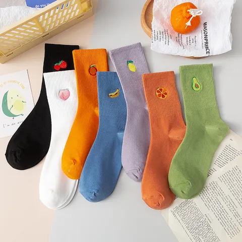 Calze da Donna Carine Stile Giapponese Ricamate con Frutta Comode Traspiranti in Cotone Arricciate per Uso Quotidiano Casual