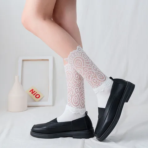 Sweet Lolita Cotton Socks Gentle Lace Ruffled Trim Mesh Hollow Out Mid Calf Crew Socks Soft Sister Style Everyday Accessories For Women