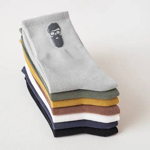 Men Casual Cotton Crew Socks Autumn Winter Solid Color High Tube Socks Personal Avatar Pattern Breathable Anti Odor Fashion Mid Calf Socks